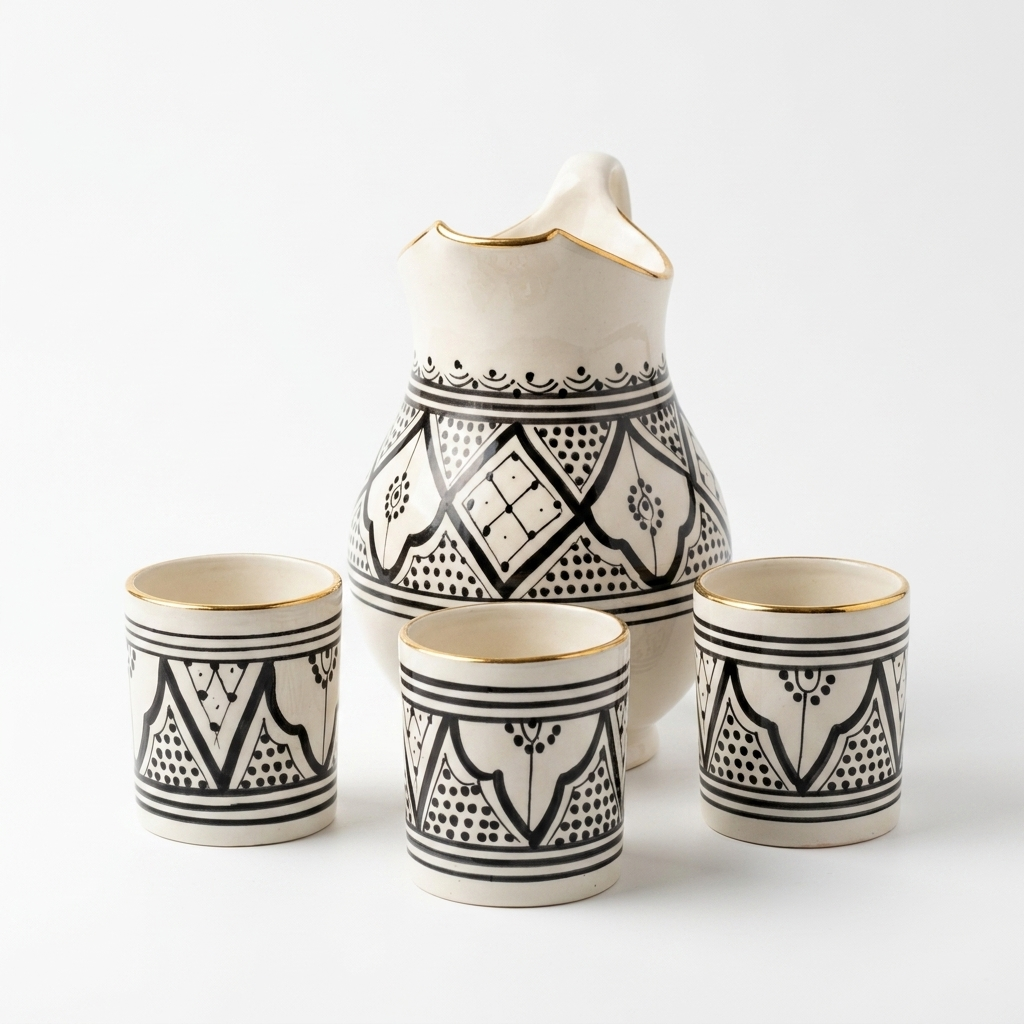 Set Carafe & 3 Verres Beldi en Céramique Décor Zwak Noir & Or – Image 3